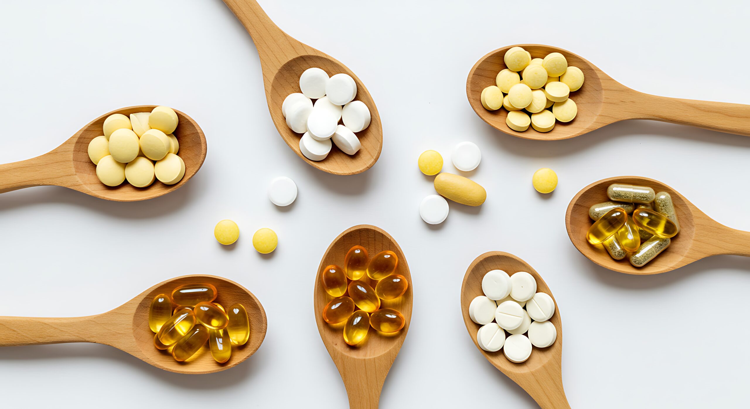 Variedade de Cápsulas e Comprimidos de Suplementos Dietéticos em Colheres de Madeira